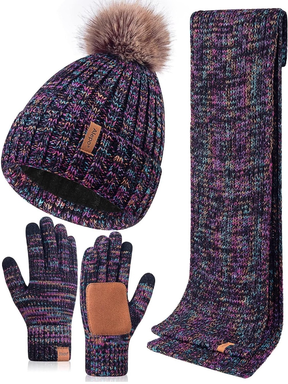 Kids 3-Piece Purple Multi Knit Winter Hat, Scarf & Gloves Set